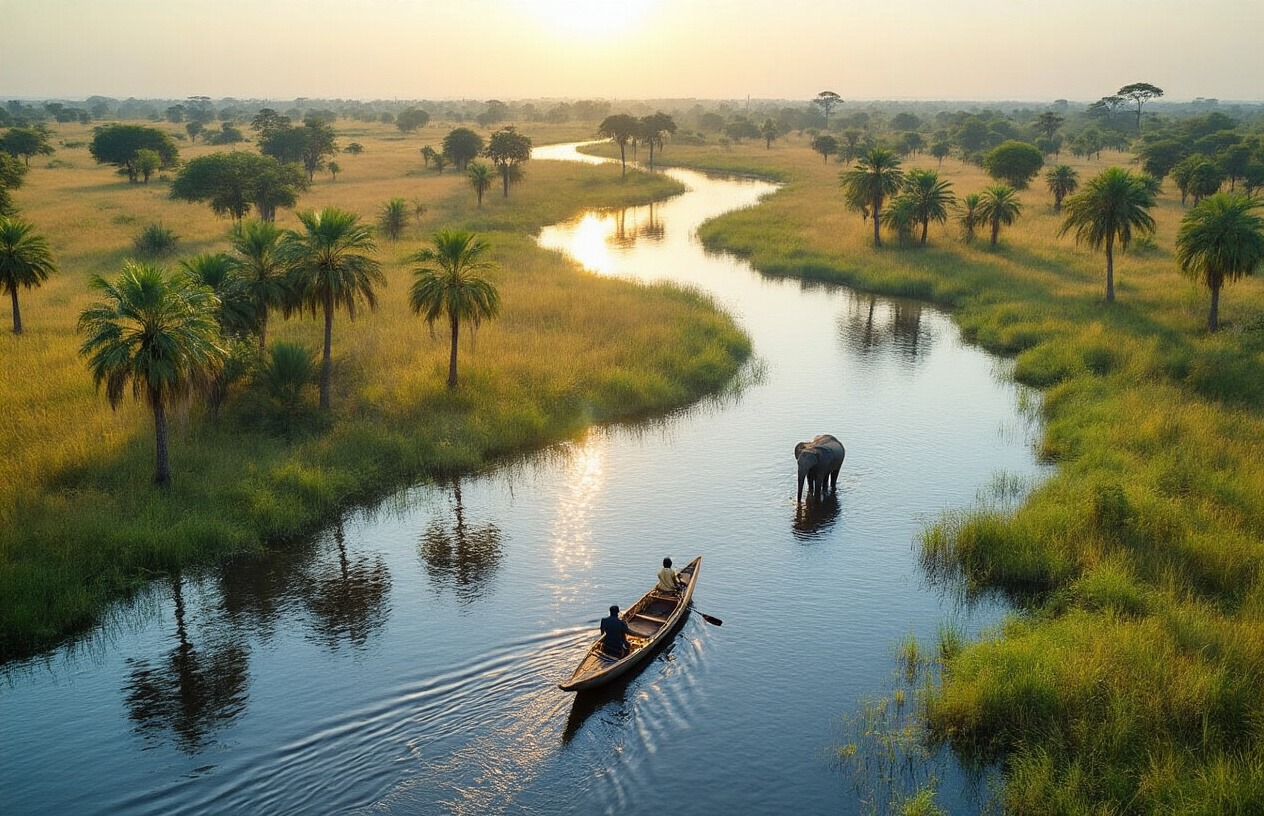 Create a realistic image of the Okavango Delta in Botswana, showing a stunning aerial view of the winding waterways and lush islands, with elephants wading through shallow waters, a traditional mokoro canoe guided by a black male guide, sunlight glistening on the water surface, with dense palm trees and savanna grasses surrounding the delta, capturing the pristine wilderness and unique ecosystem.