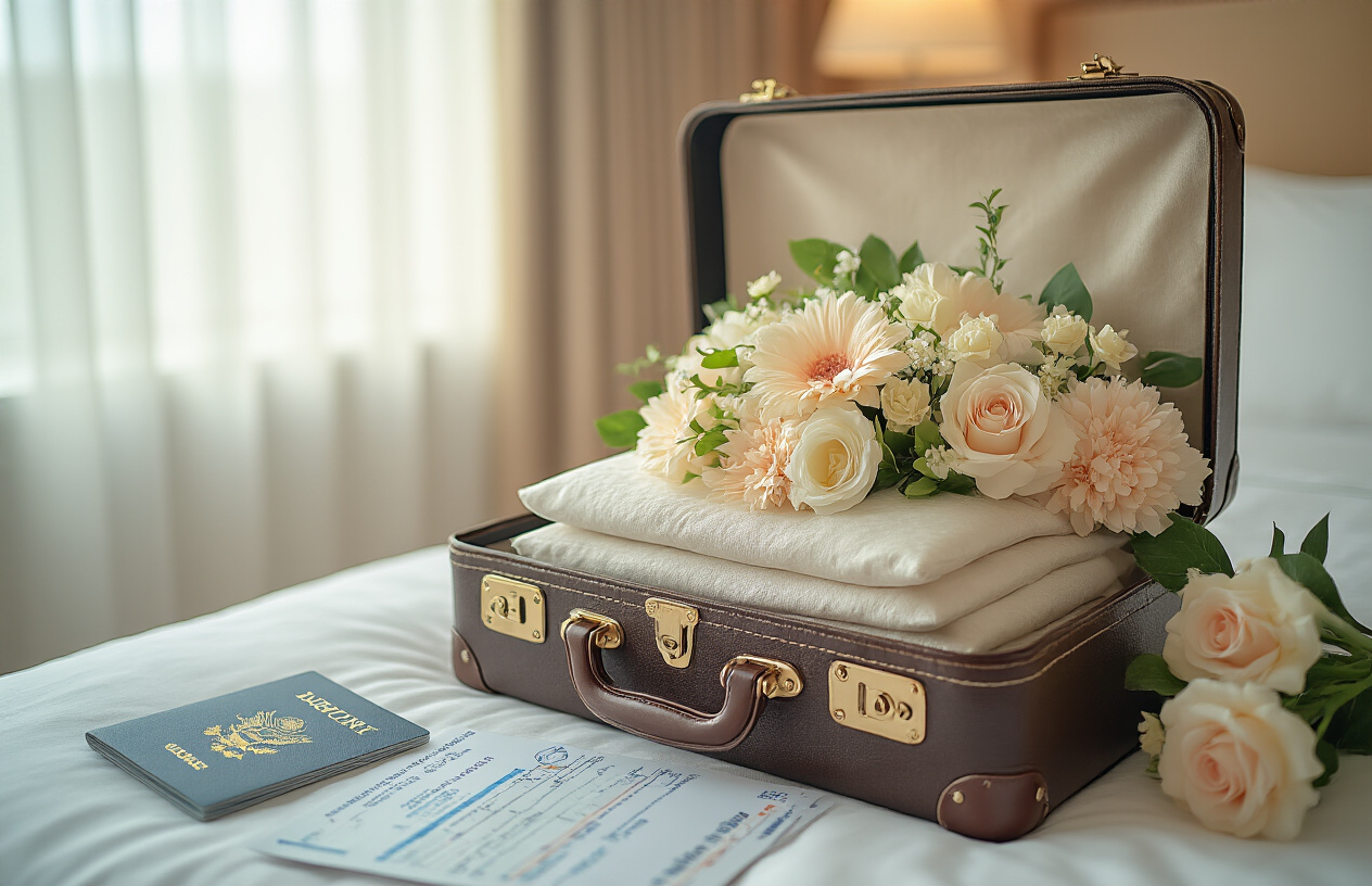 Create a realistic image of a small, elegant suitcase open to reveal neatly packed artificial wedding flowers, with a passport, boarding pass, and travel itinerary visible beside it, showcasing how artificial flowers can be transported without damage, set against a bright hotel room background with natural lighting streaming through sheer curtains.