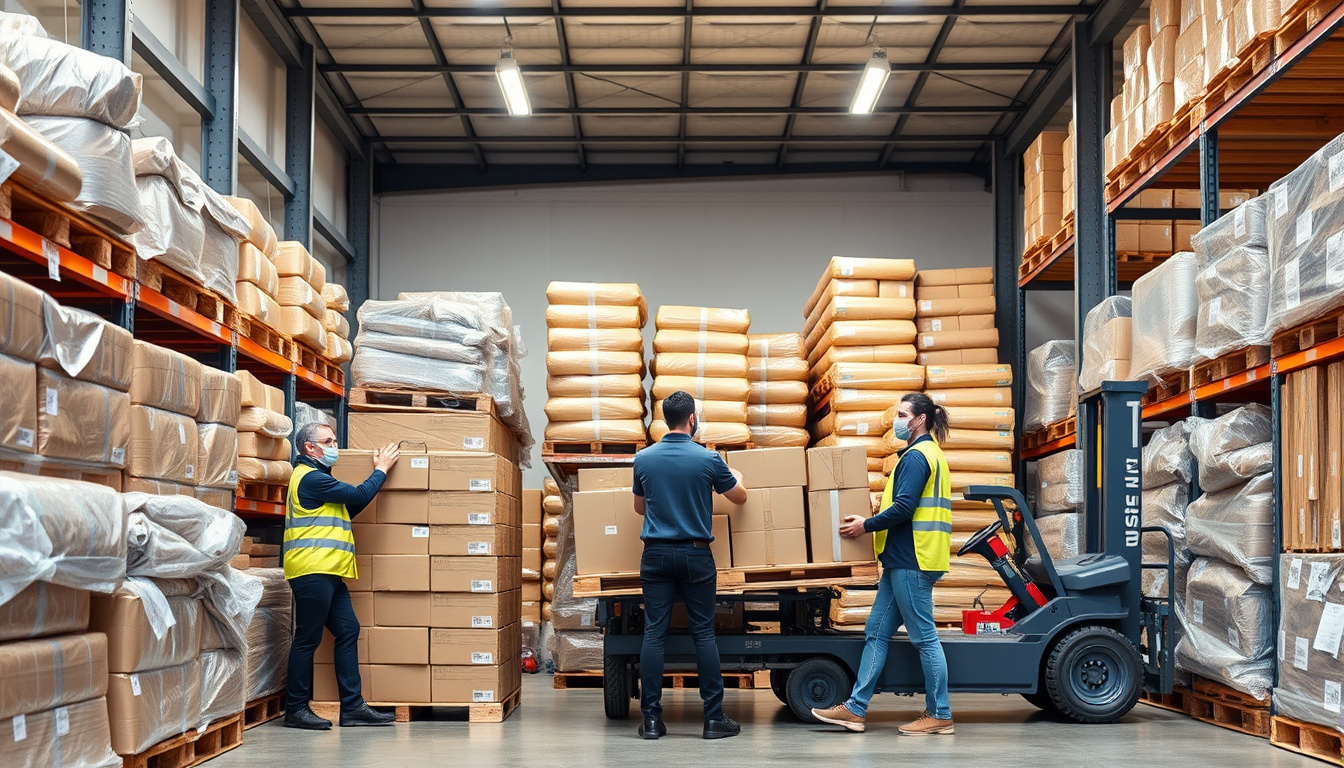  professional team clearing warehouse, neatly stacked bulk items, streamlined removal process, modern equipment