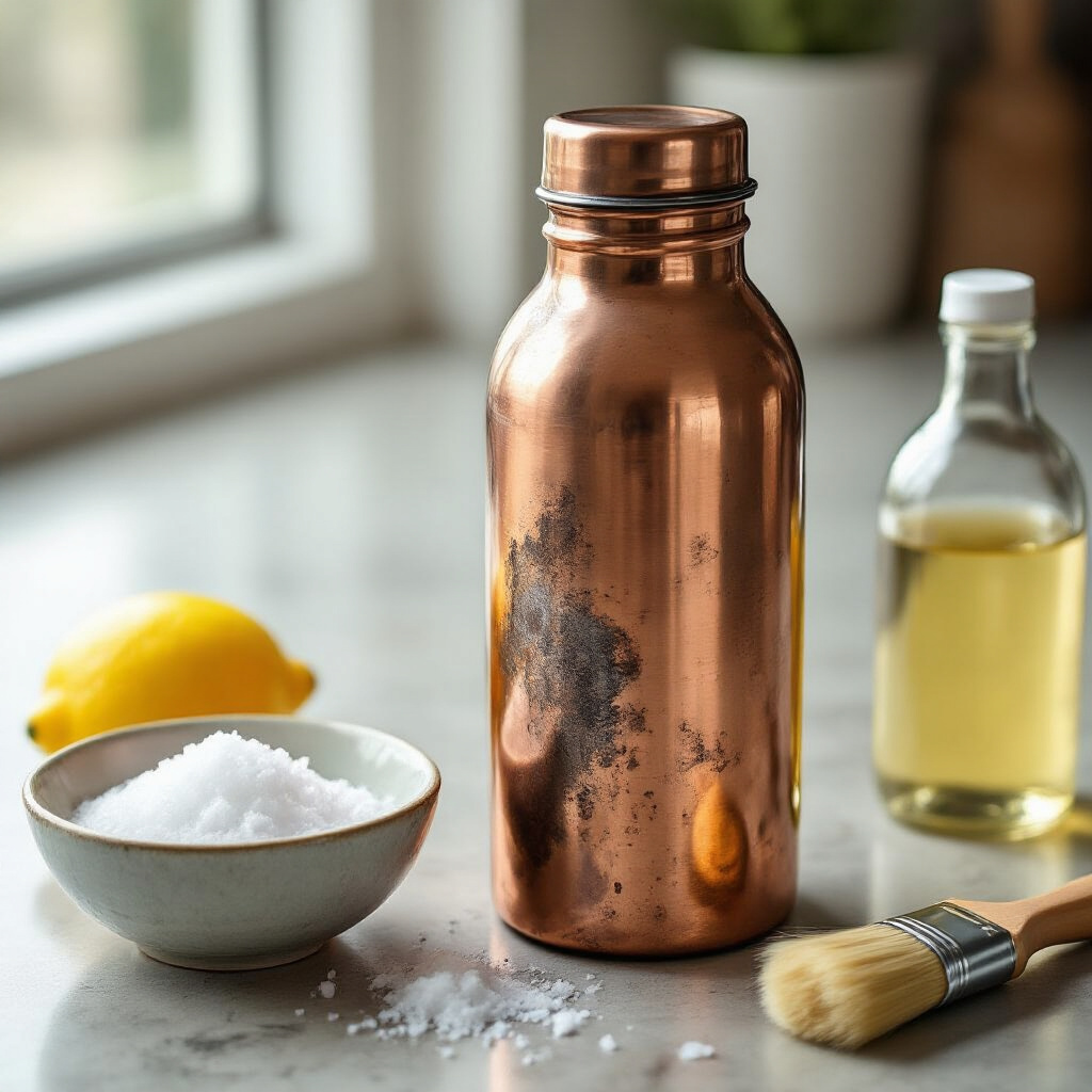 Create a realistic image of a severely tarnished copper water bottle sitting on a countertop next to a bowl of lemon and salt mixture, with a soft brush, vinegar bottle, and baking soda visible nearby, showing the dramatic contrast between the darkened, dull tarnished areas and a small section that has been cleaned to reveal shiny copper underneath.