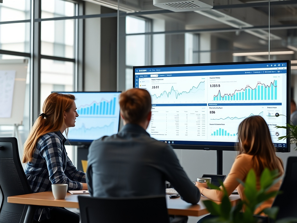 professional digital marketing team analyzing website analytics on a large screen in a corporate office