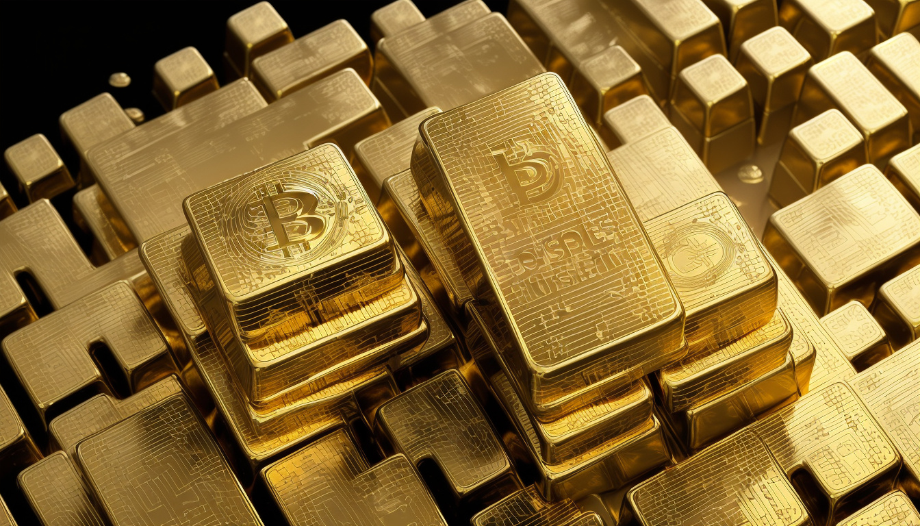  abstract concept of passive income flow, crypto tokens floating above stacked gold bars under soft lighting