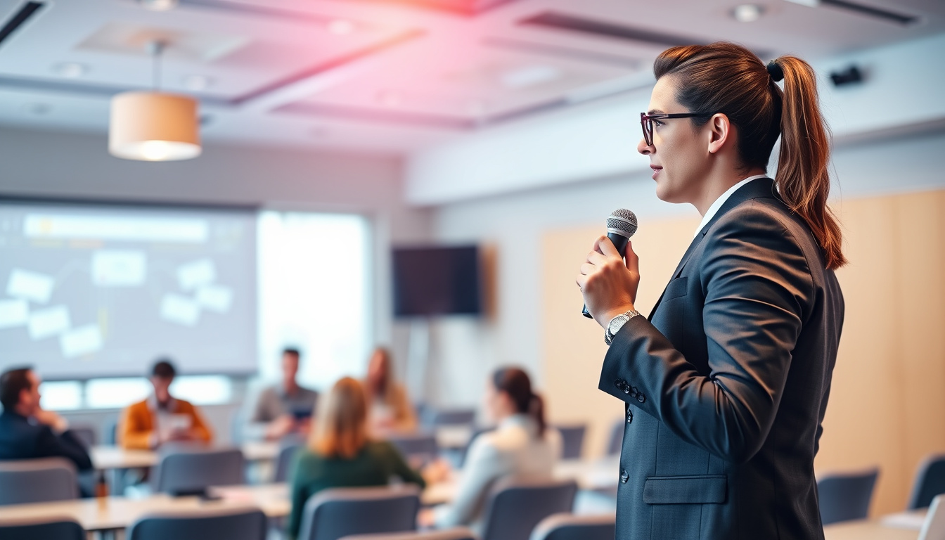  Confident salesperson presenting in a vibrant training seminar
