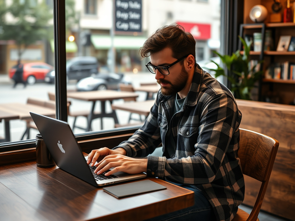 a digital nomad working from a coffee shop with a laptop