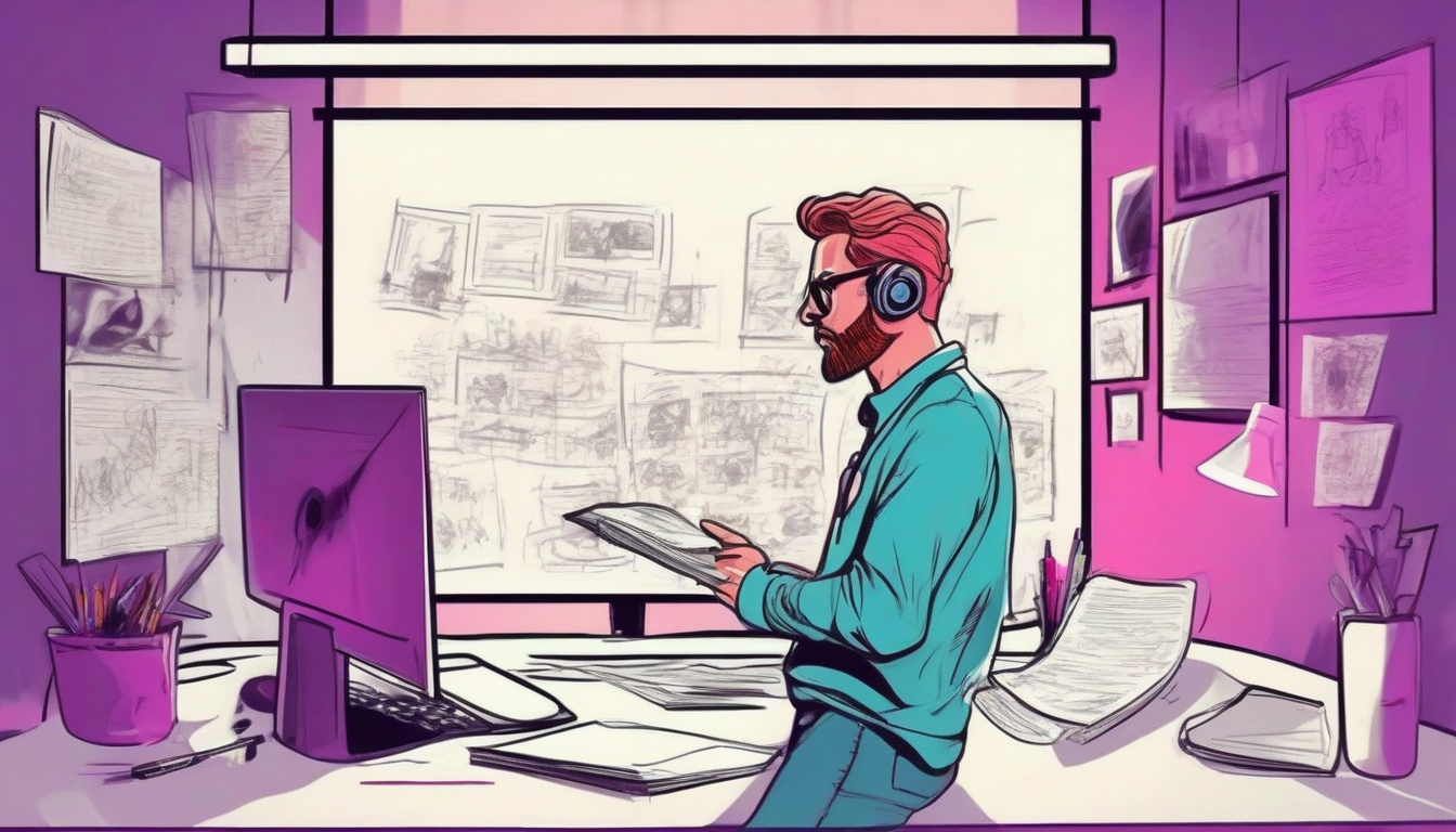  film director analyzing screenplay on lightbox, storyboard sketches, creative studio ambiance