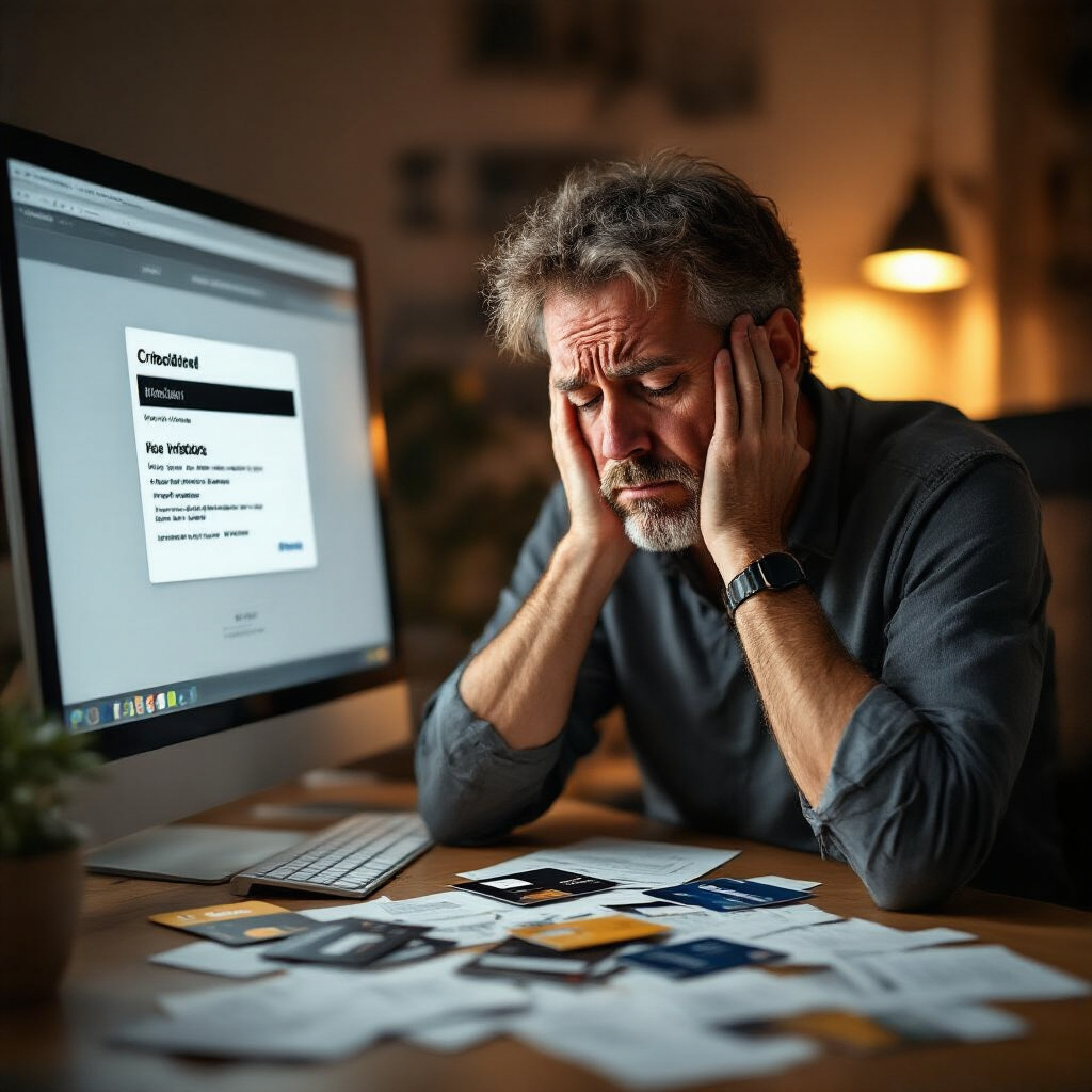 Create a realistic image of a stressed middle-aged white male sitting at a desk with multiple credit card applications spread out, some partially filled, with a computer screen showing a declined application notification, portraying the overwhelming feeling of applying for too many credit cards simultaneously, with subtle warm indoor lighting casting shadows on rejection letters in the background.