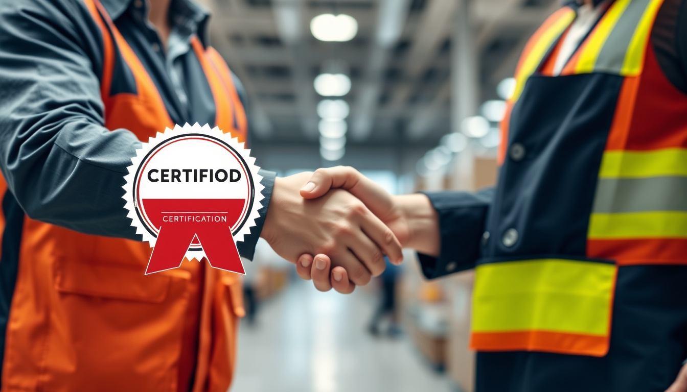 Professional vendor shaking hands with client, certification badge prominently displayed, bright setting
