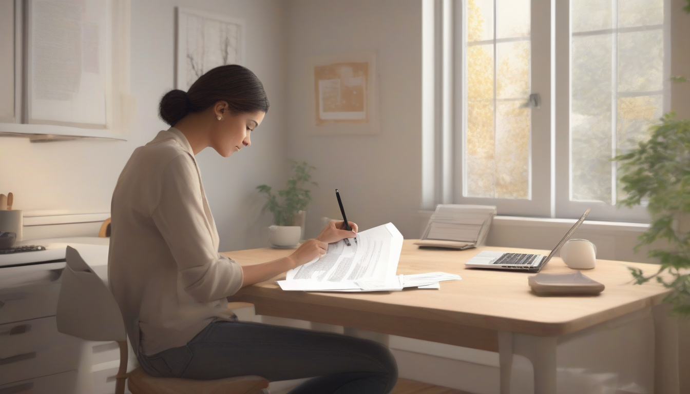  Calm individual reviewing budget paperwork, cozy home environment, focused expression