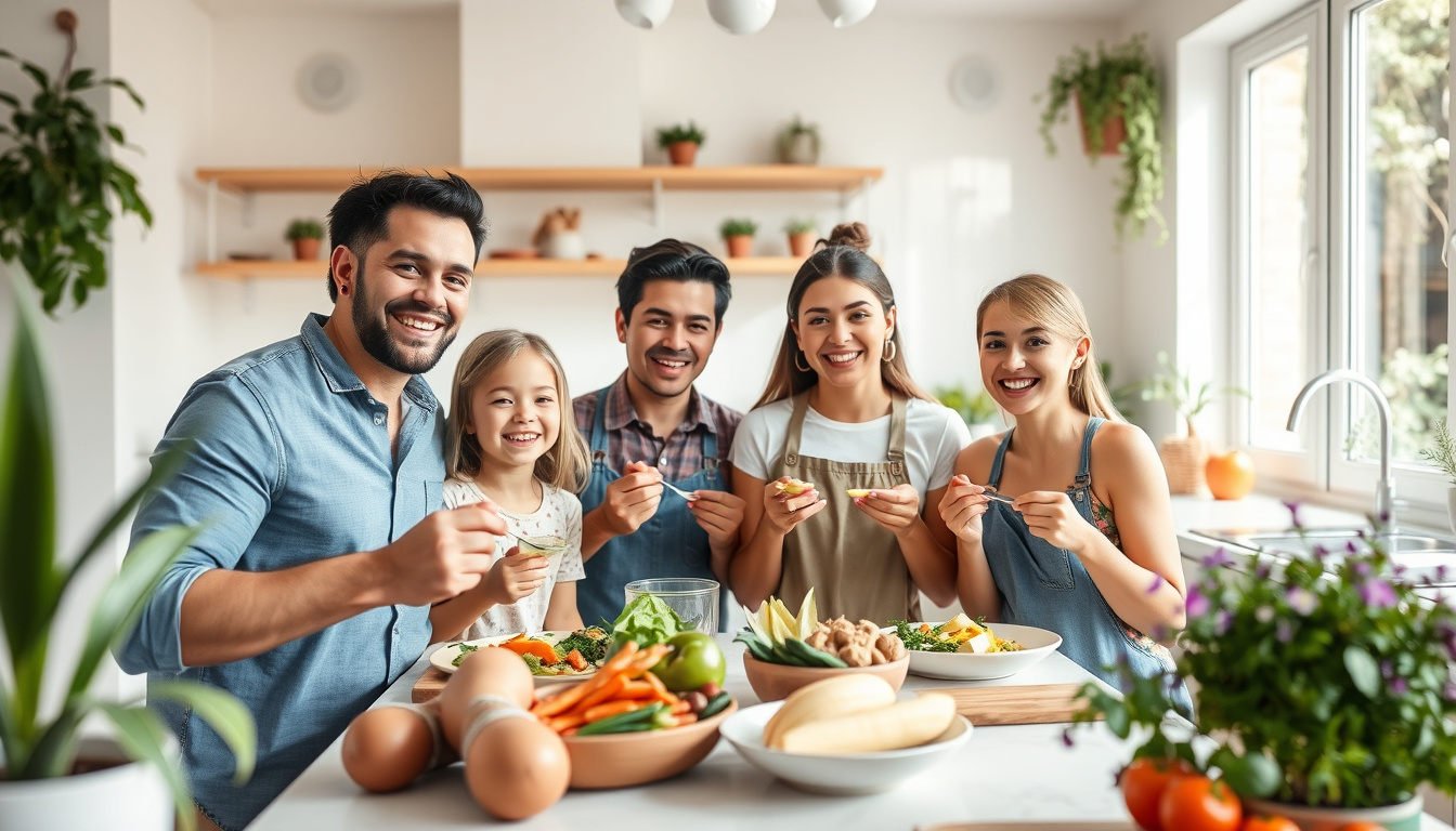 Happy family enjoying a healthy organic meal in a sunny kitchen with plants