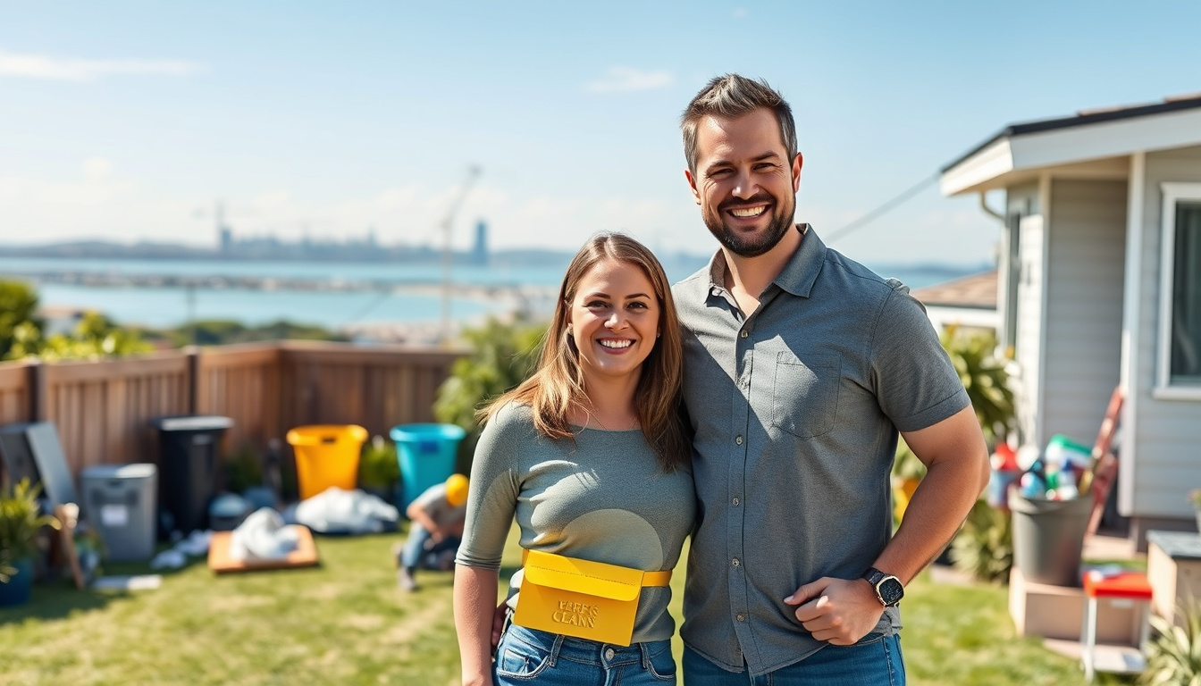  smiling homeowners with clean, organized backyard after junk removal, coastal city skyline background