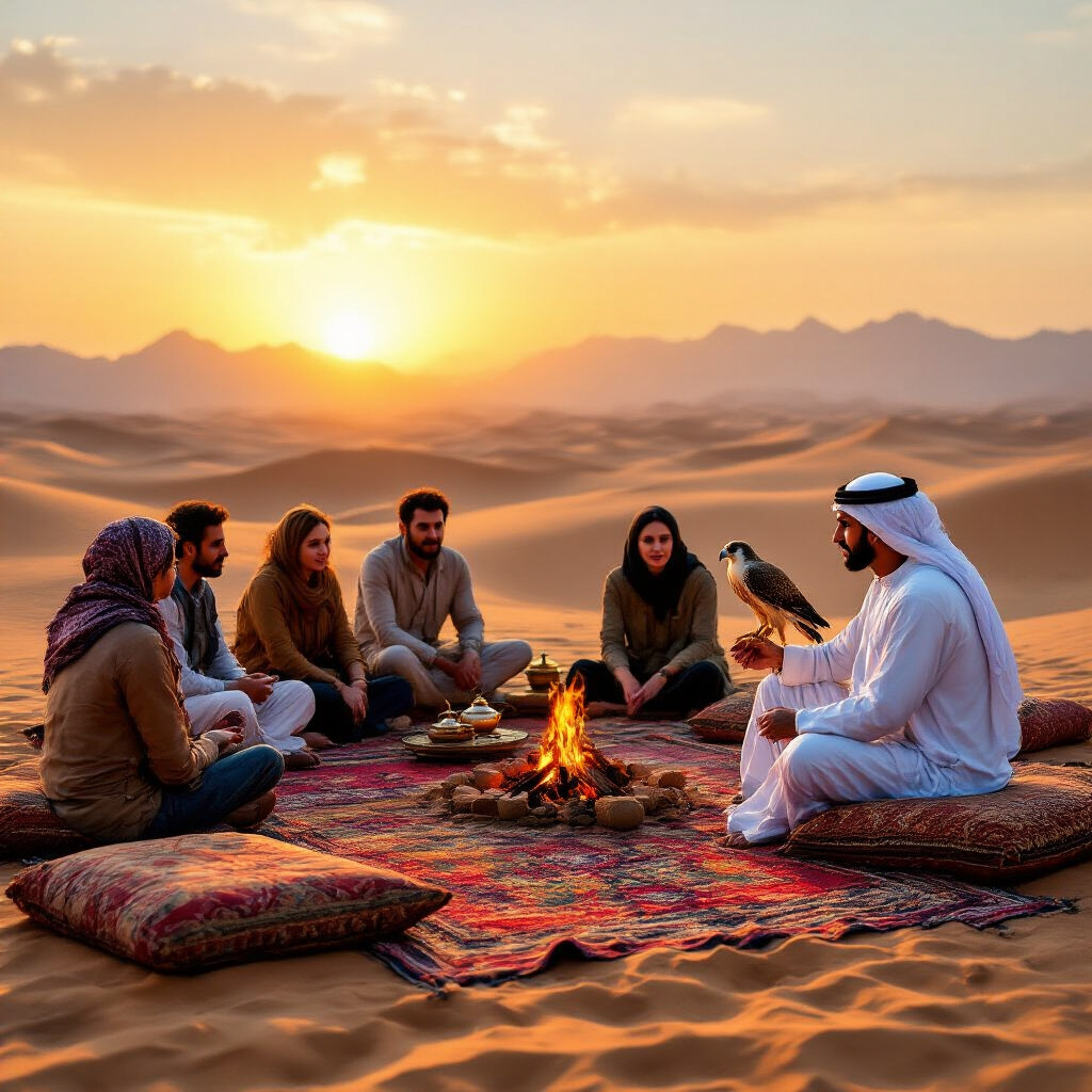 Create a realistic image of a traditional Bedouin desert camp at sunset with colorful carpets spread on sand, low cushioned seating around a small fire, Arabian tea set, a Middle Eastern male host in traditional white kandura demonstrating falcon handling, while tourists of diverse races watch attentively, with majestic sand dunes and mountains in the background bathed in golden-orange light.