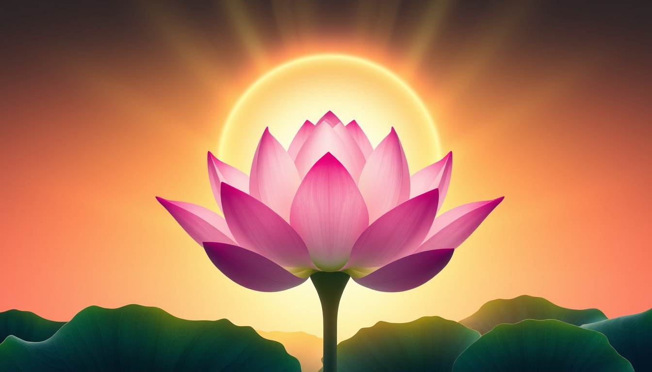  Blossoming lotus with radiant aura surrounding a meditative silhouette