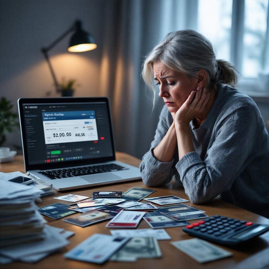 Create a realistic image of a stressed middle-aged white female sitting at a desk, staring at multiple maxed-out credit cards spread in front of her, with a laptop showing an online banking interface displaying high balances, calculator nearby, bills stacked to the side, dimly lit room creating a tense atmosphere, subtle red warning notifications visible on the screen.