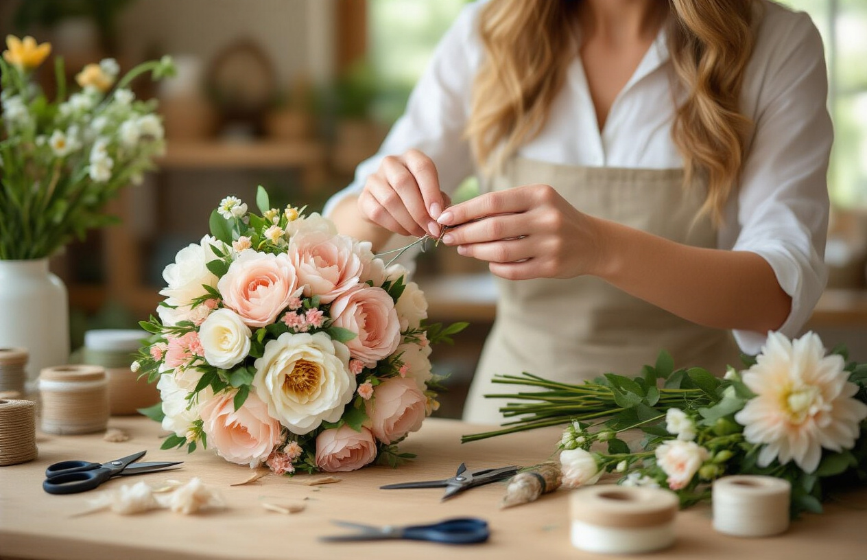 Create a realistic image of a white female wedding planner demonstrating how to fix drooping artificial flower stems with floral wire, arranging a bouquet on a workbench with various tools nearby including wire cutters, floral tape, and hot glue gun, with a troubled artificial arrangement visible for comparison, in warm natural lighting that highlights the intricate details of the flowers.