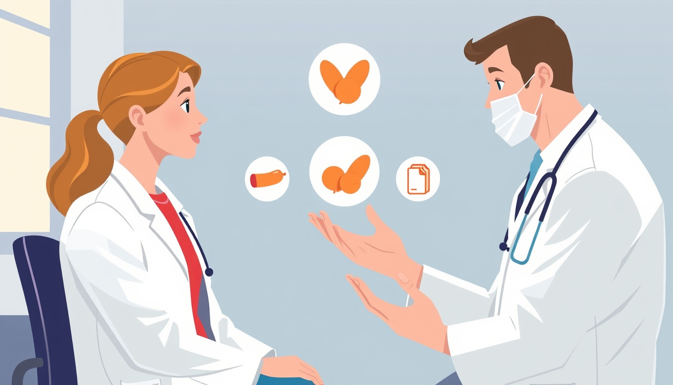  doctor consulting patient about food allergies, illustrative allergy icons, calm clinical setting