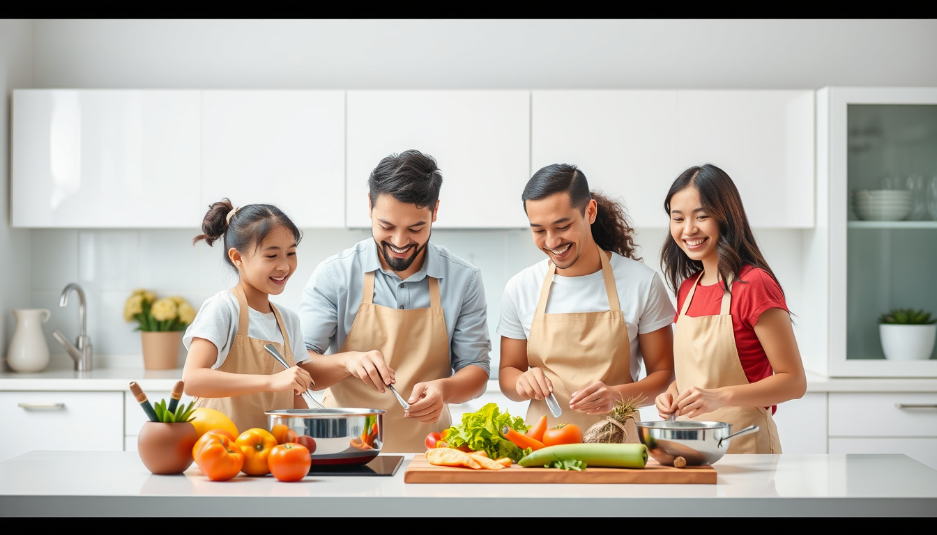  A happy family cooking together in a spotless kitchen, emphasizing hygiene and food safety practices