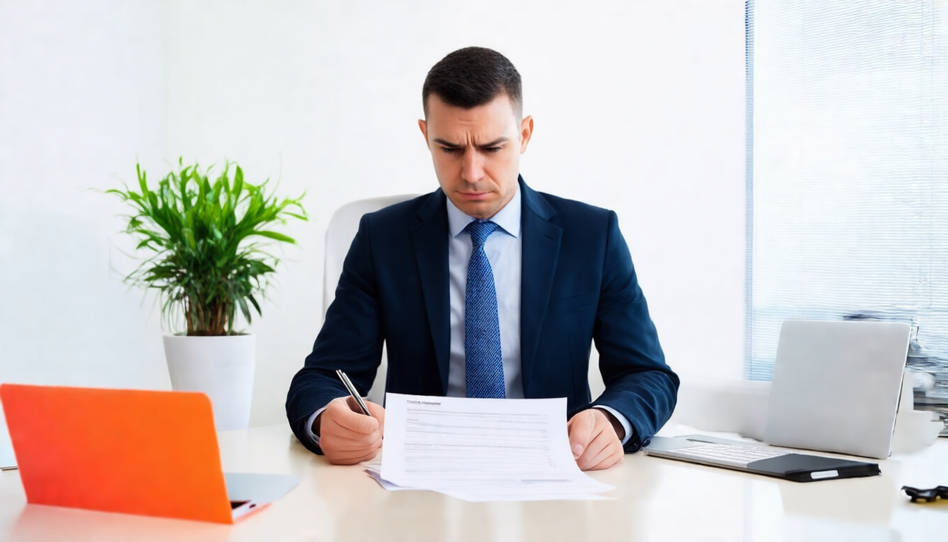  Businessperson reviewing liability insurance documents with concerned expression, modern office setting