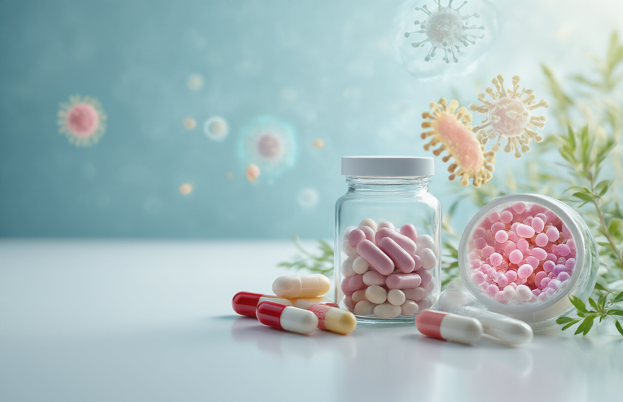 Create a realistic image of an artistic arrangement showing probiotic supplements and dental care items side by side, with a microscopic view of beneficial bacteria in the background, soft clinical lighting highlighting the connection between oral and gut health, and subtle visual elements suggesting the reduction of gum inflammation, all presented on a clean white surface with a soft blue backdrop that conveys a scientific yet approachable medical context.