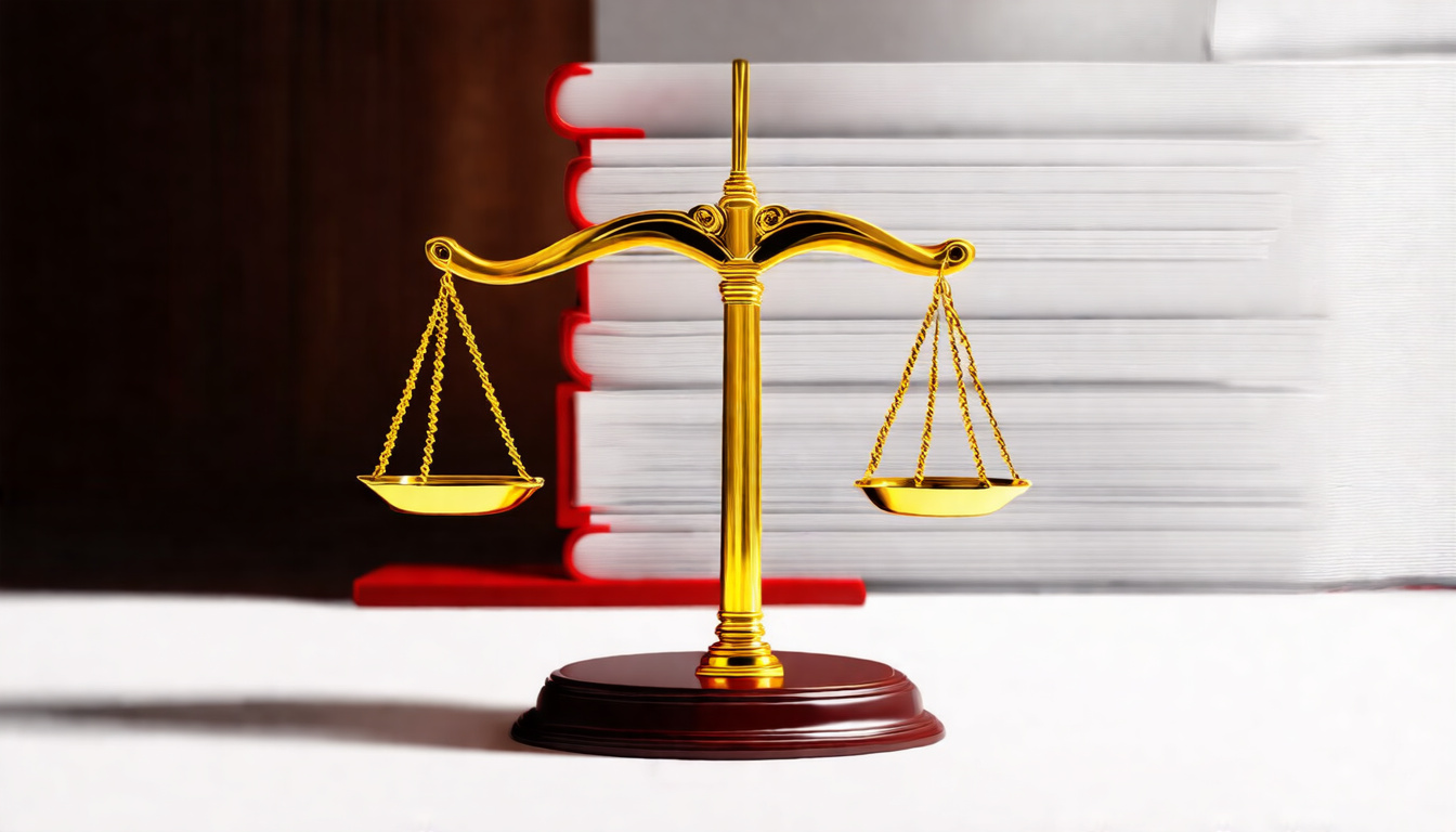  scales of justice balanced, highlighted law book, dramatic spotlight, courtroom background