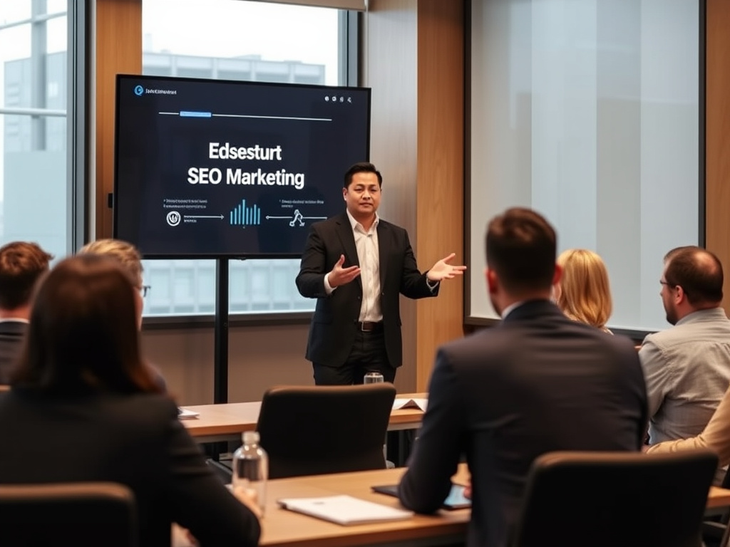 professional digital marketing expert giving a presentation on SEO strategies in a corporate setting