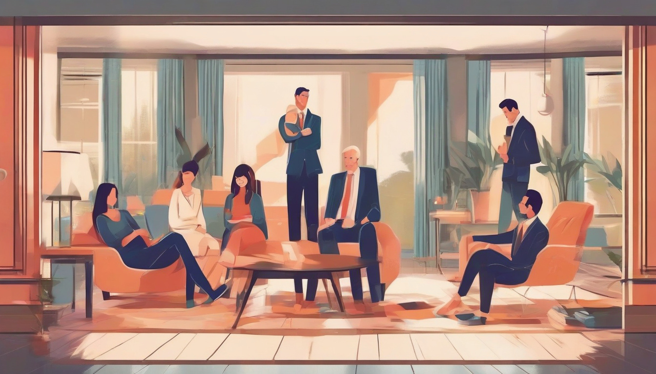  family gathered with a lawyer, estate plans and bonds illustrated, warm comforting atmosphere