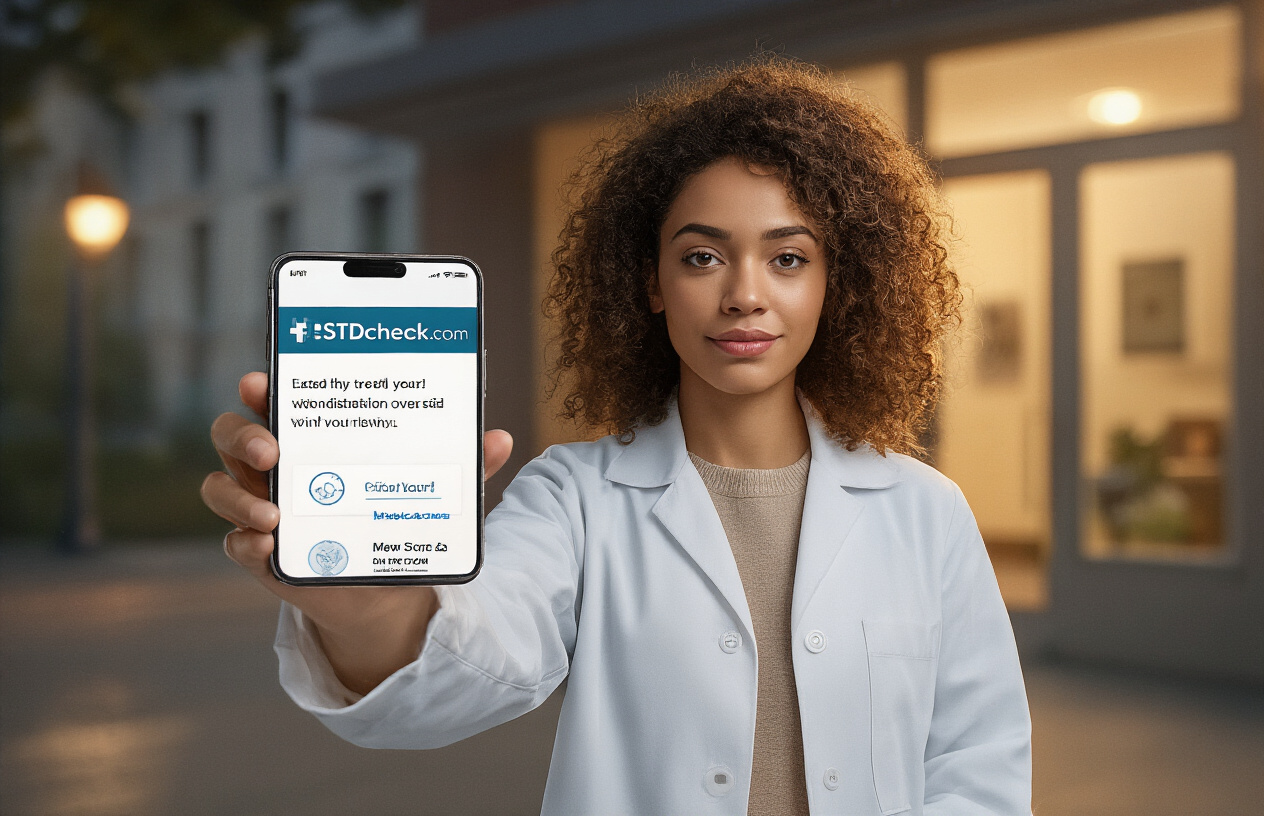 Create a realistic image of a confident person holding a smartphone displaying the STDcheck.com website interface, with a subtle medical clinic building in the background, warm lighting suggesting hope and relief, and a sense of privacy and discretion in the overall composition.