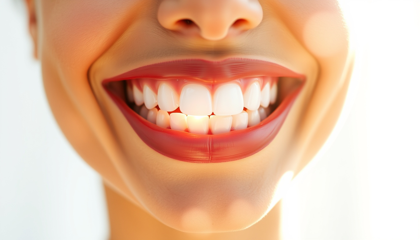  Bright, sparkling smile with glowing white teeth and soft sunlight background