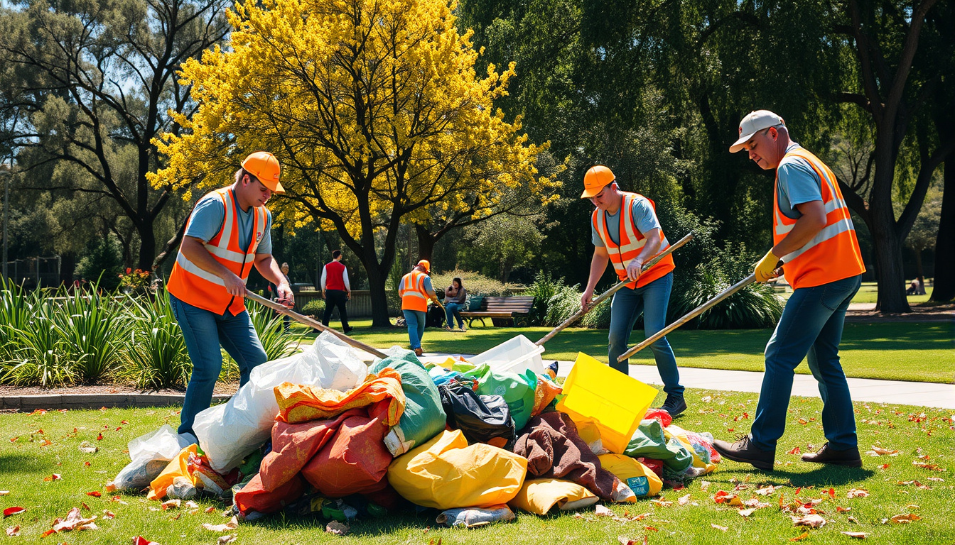  Professional crew clearing bulky trash from vibrant San Diego park for community cleanup