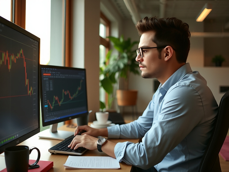 professional trader analyzing multiple financial charts on computer screens in a modern office setup, with colorful candlestick charts visible, serious facial expression, morning sunlight through window, realistic photo style with shallow depth of field