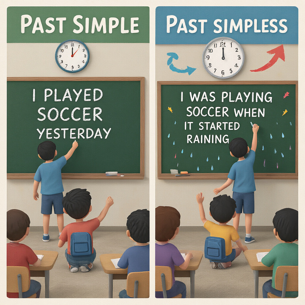 Create a realistic image of a classroom scene with a split-screen effect showing two scenarios: on the left, a young Asian male student writing "I played soccer yesterday" on a chalkboard (Past Simple); on the right, the same student writing "I was playing soccer when it started raining" (Past Continuous). A clock with different times appears in each scene, with colorful visual cues highlighting the difference between completed actions and ongoing past actions.