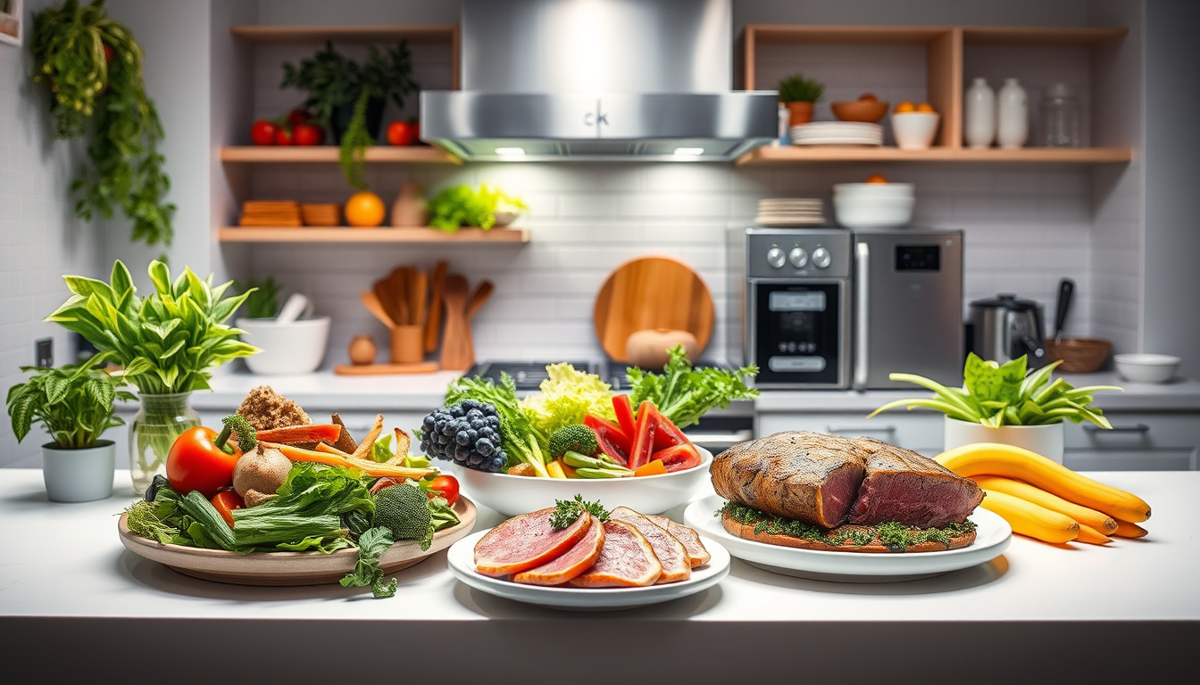  vibrant array of sustainable superfoods and lab-grown meat dishes in a modern kitchen setting