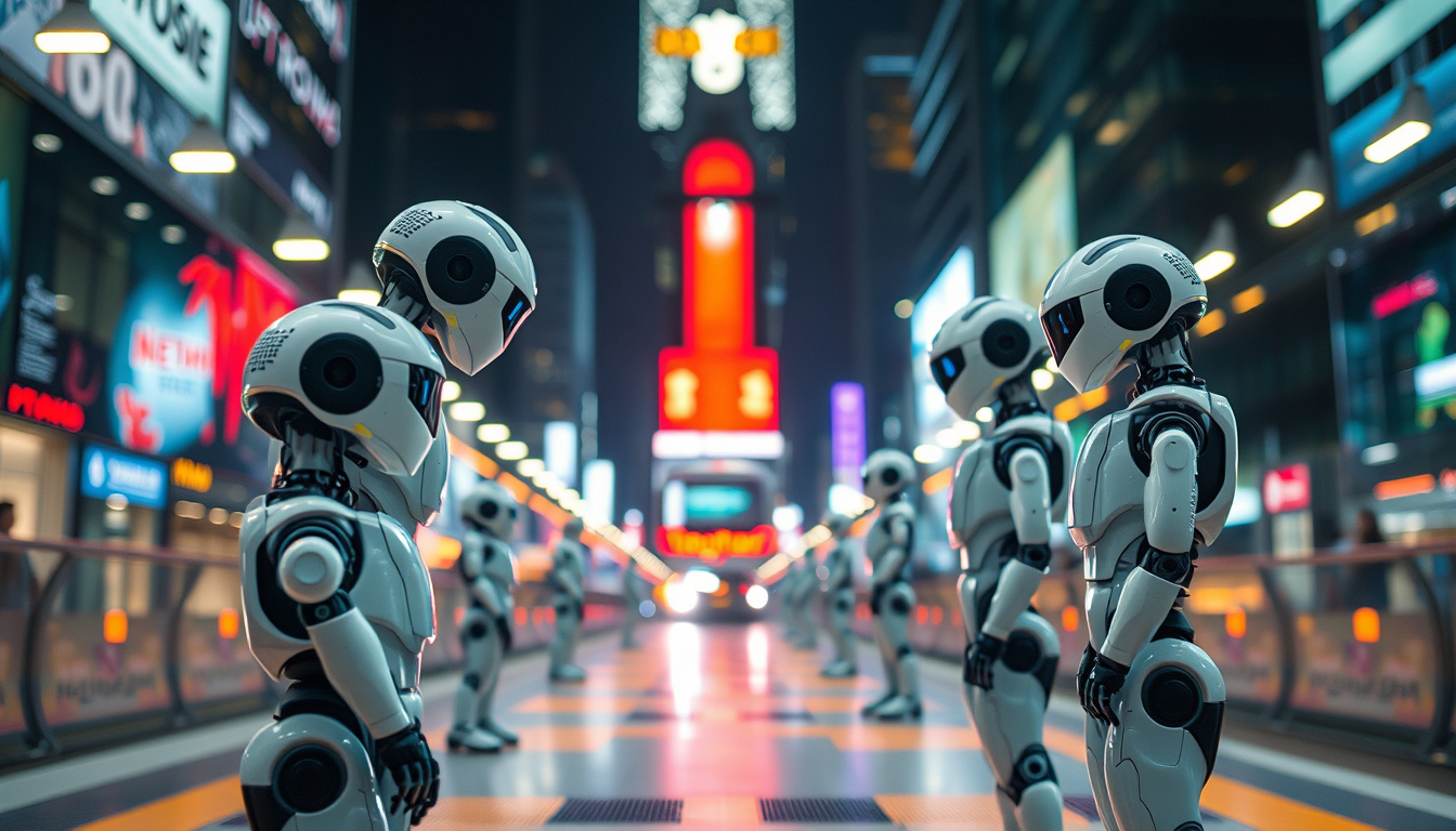  Sleek autonomous robots collaborating seamlessly in high-tech environments under vibrant city lights