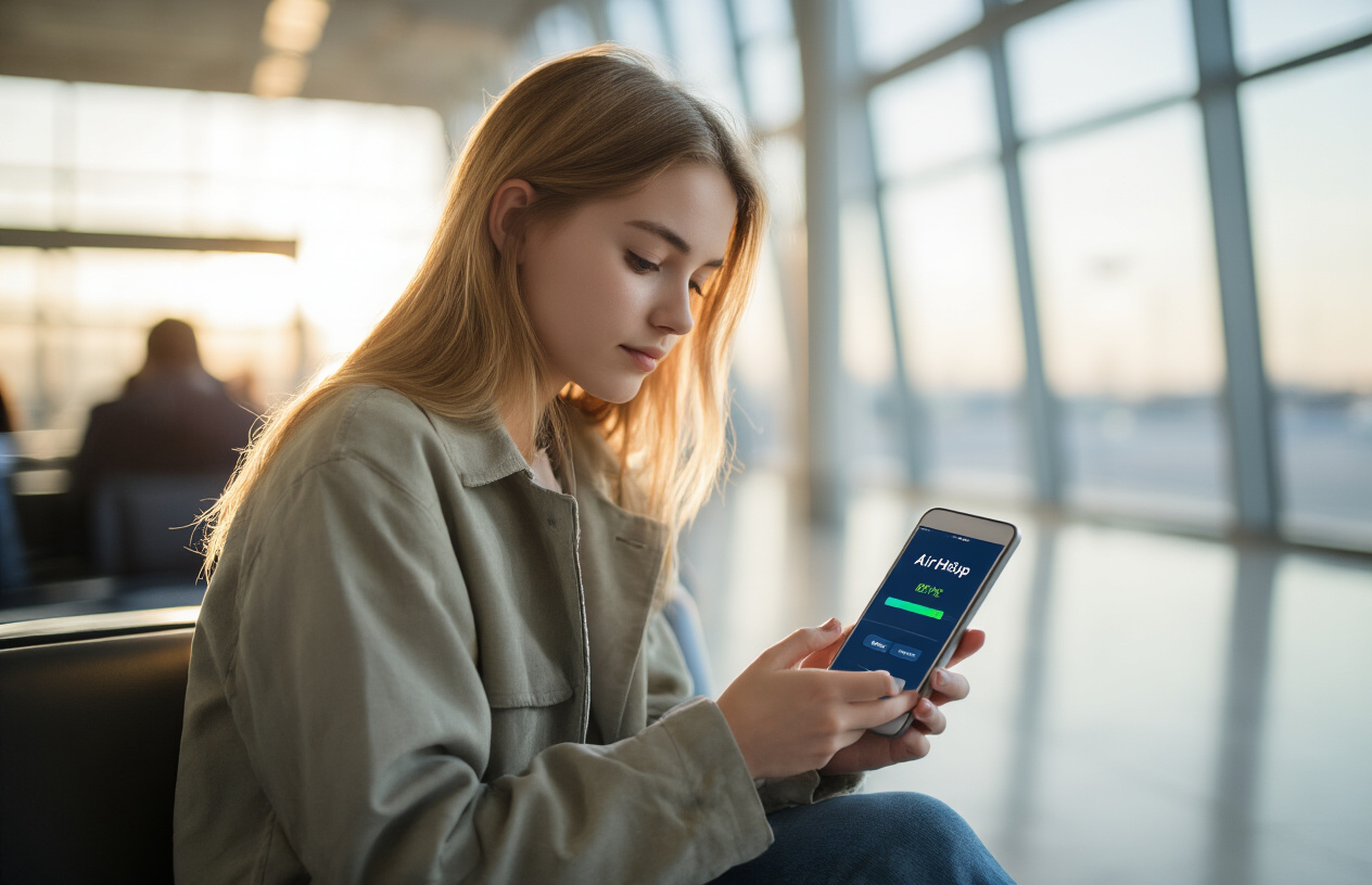 Create a realistic image of a young white female looking at her smartphone with an AirHelp claim tracking screen visible, showing a progress bar and flight details, while sitting in an airport waiting area with soft natural lighting coming through large windows, conveying a sense of patience and anticipation.