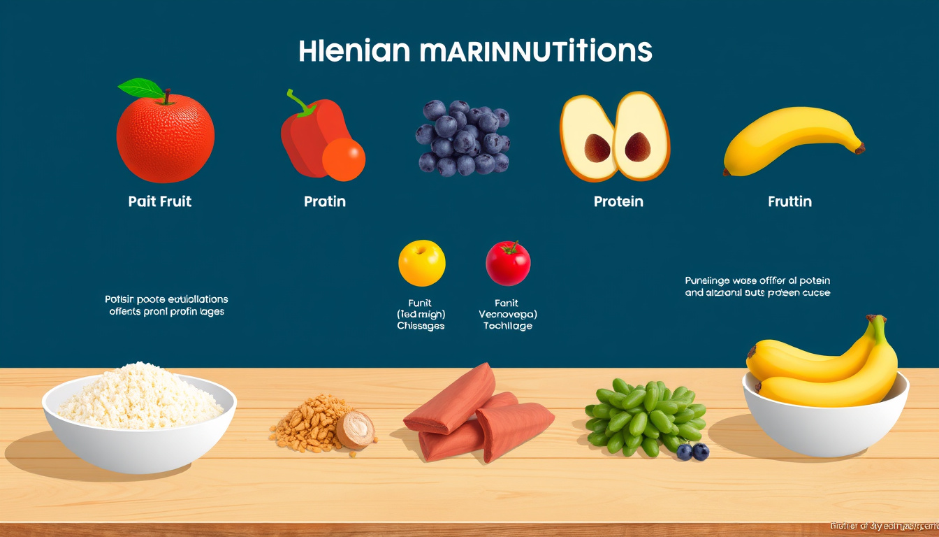  detailed infographic of balanced macronutrients with fruits and protein sources on wooden table