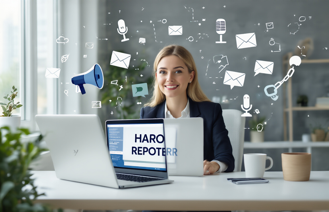 Create a realistic image of a modern office workspace showing a white female professional sitting at a clean desk with a laptop computer displaying a HARO (Help a Reporter Out) website interface, surrounded by communication elements like email icons, reporter microphones, and link chain symbols floating in the air around her, with a bright and professional atmosphere featuring natural lighting from a window, conveying the concept of digital PR and backlink building through media connections, absolutely NO text should be in the scene.