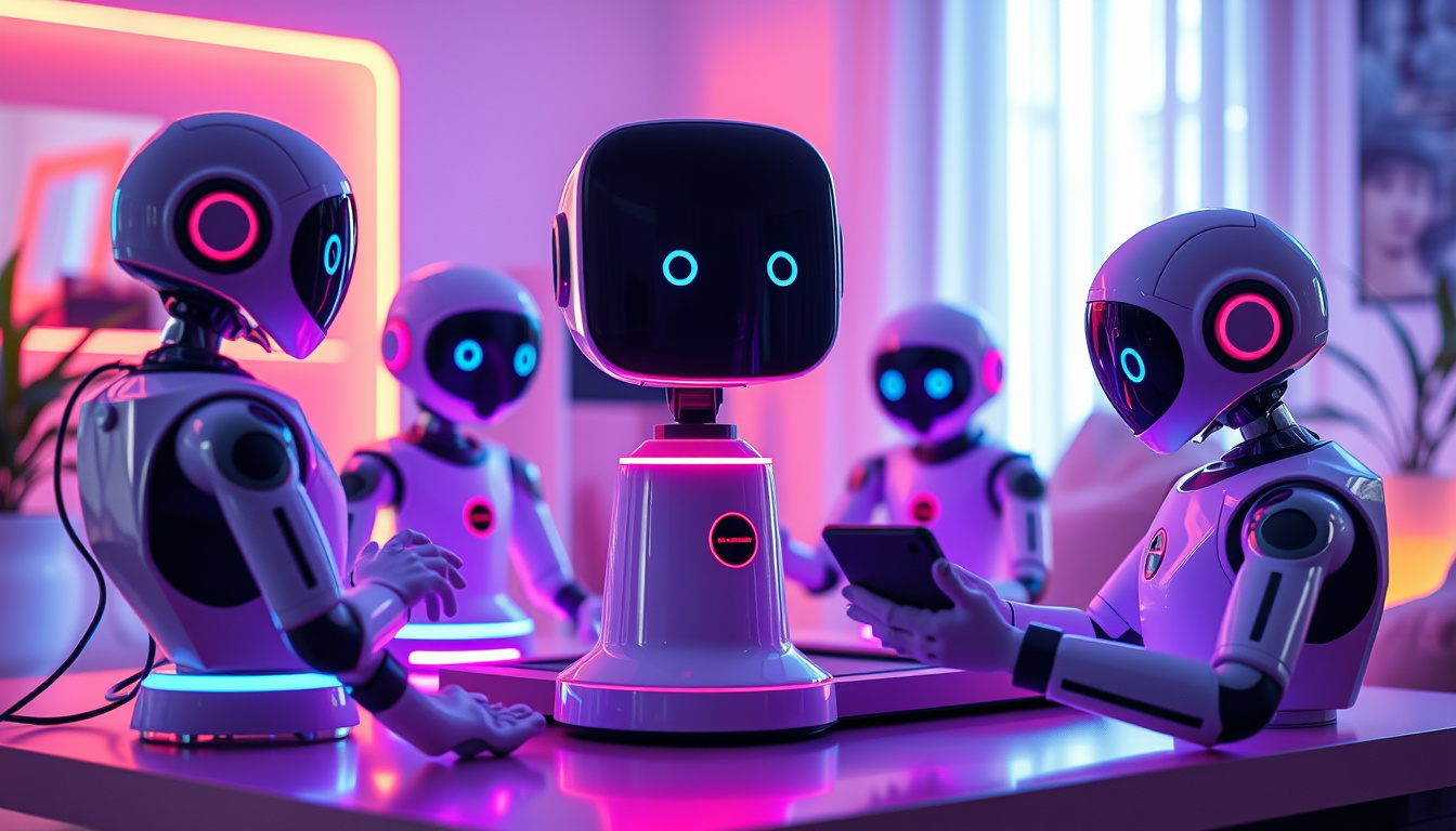  Autonomous smart devices collaborating seamlessly in a high-tech home environment, vibrant neon lighting