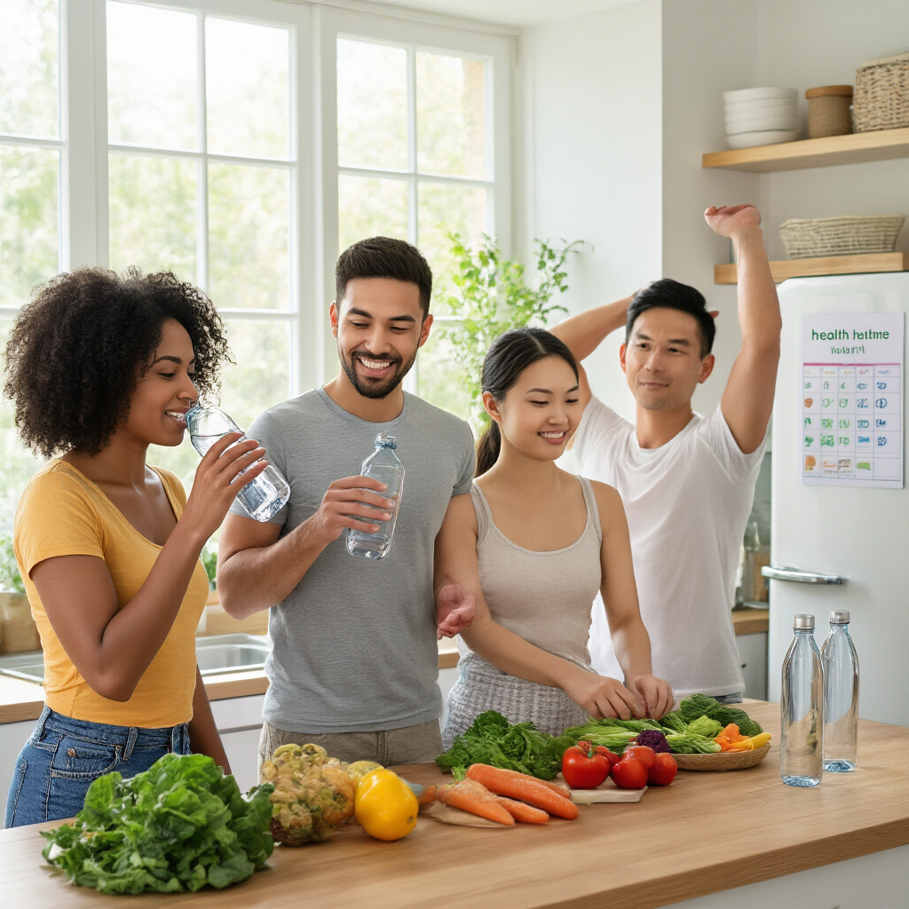 Create a realistic image of a diverse group of people (black female, white male, Asian female) engaged in sustainable health activities - one drinking water, another preparing fresh vegetables, and the third stretching - in a bright, airy home kitchen with natural light streaming through windows, showing a daily health routine chart posted on the refrigerator and reusable water bottles nearby.