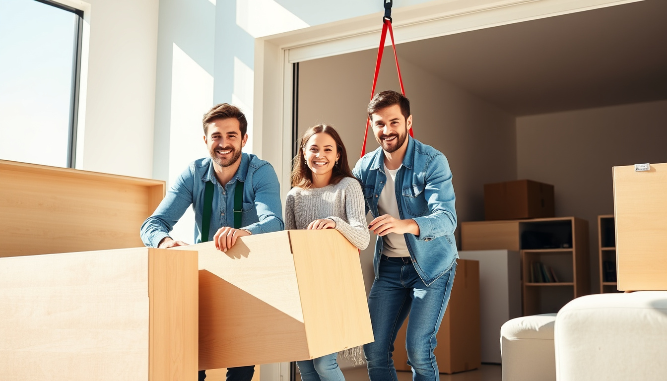  smiling family packing furniture, using lifting straps, bright sunny day, smooth relocation process