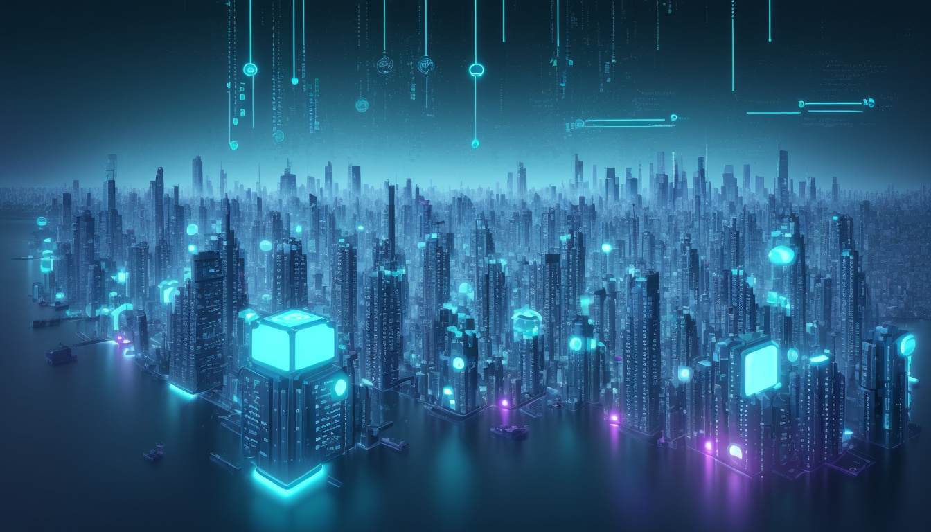 Futuristic cityscape featuring floating blockchain icons and digital assets