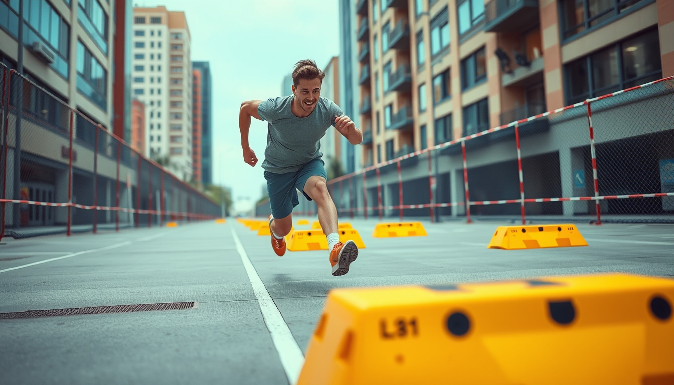  Agile athlete running through urban obstacle course