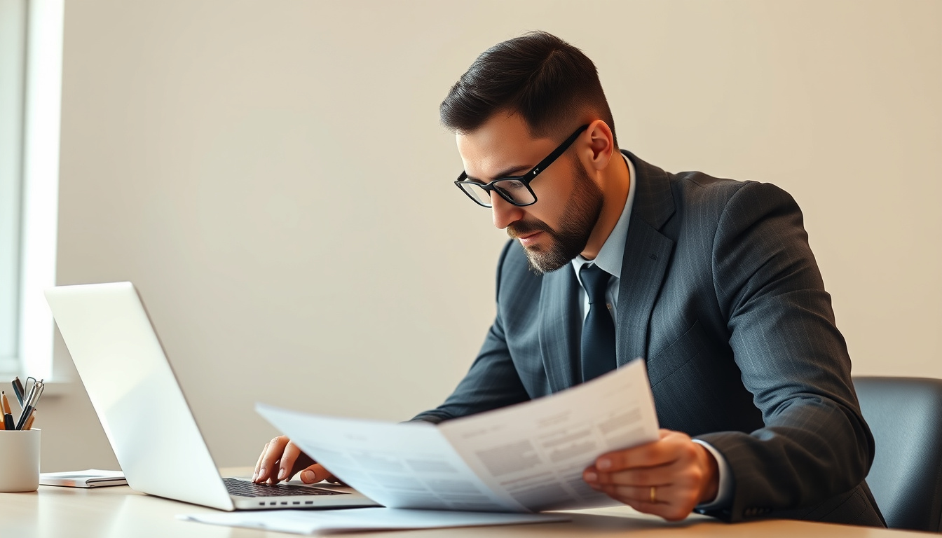  small business owner reviewing government contracts, focused expression, laptop and documents, bright workspace