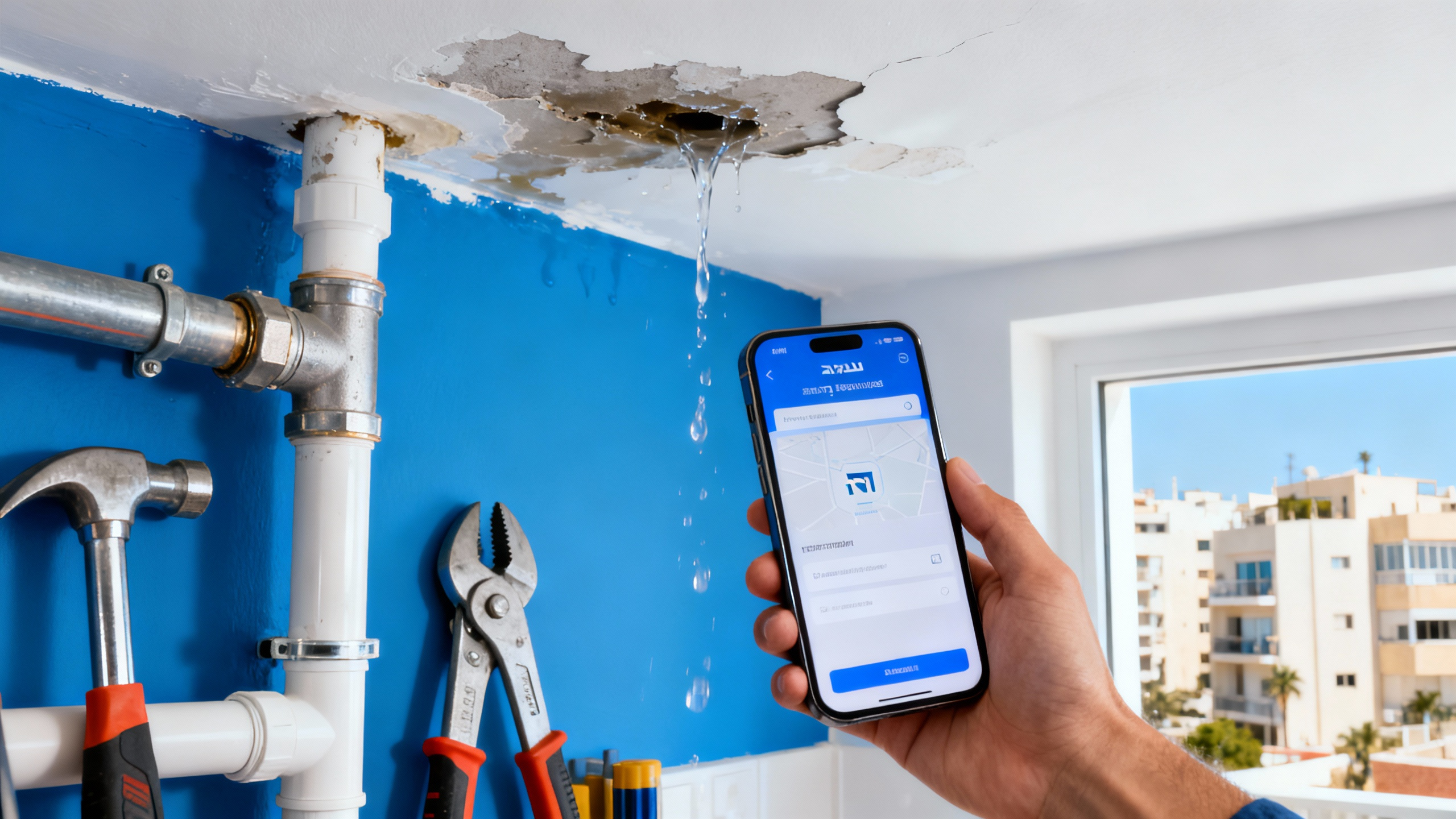  close-up of water leakage from ceiling with smartphone detecting damage, emergency home maintenance, Tel Aviv urban setting