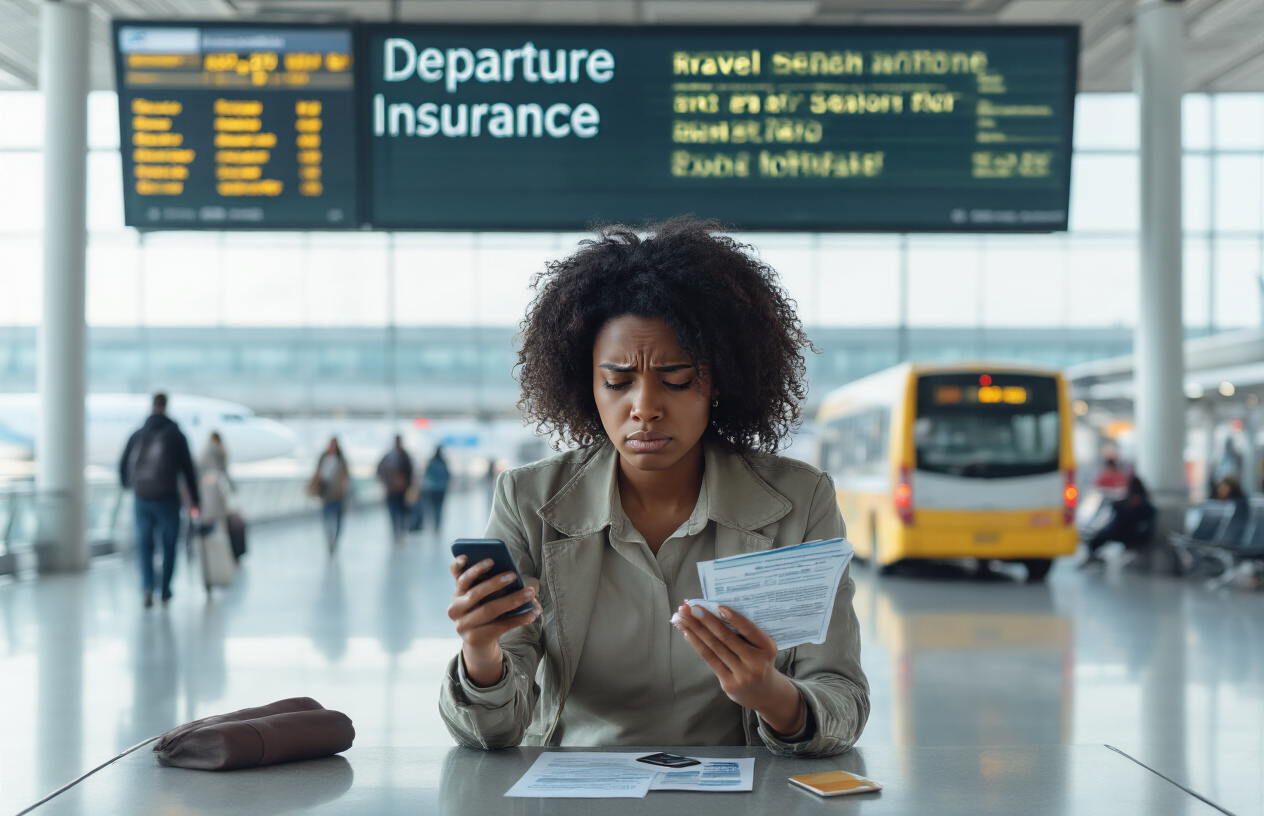 Create a realistic image of a stressed black female traveler sitting at an airport with a canceled flight notification visible on the departure board behind her, while she looks at travel insurance documents and her phone showing a travel alert for Africa, conveying the protection that insurance provides against unexpected trip disruptions.