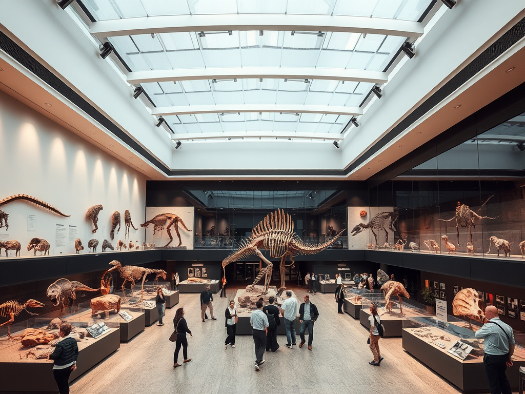 A wide shot of a museum exhibit showcasing dinosaur fossils, with visitors observing the displays. Corporate design, clean lines, modern architecture, professional photography.