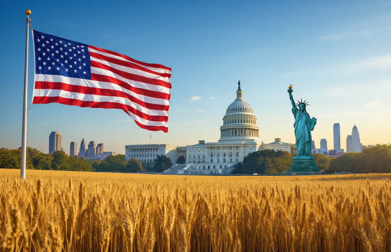 Create a realistic image of the iconic American flag waving prominently in the foreground with the United States Capitol building dome visible in the background under a clear blue sky, surrounded by diverse American symbols including the Statue of Liberty silhouette on the horizon, golden wheat fields representing agriculture, modern city skyline elements, and a subtle overlay of the continental US map outline, captured during golden hour lighting to convey unity and national pride, absolutely NO text should be in the scene.