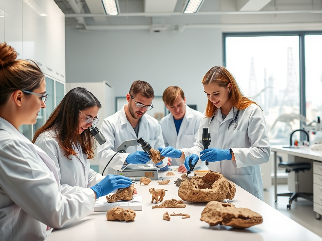 A team of paleontologists working in a modern laboratory, analyzing and studying dinosaur fossils with advanced equipment, corporate interior design, clean and bright