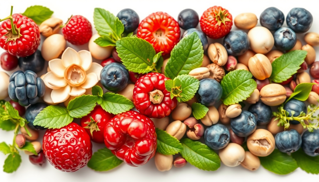  A dynamic collage of berries, greens, and seeds bursting with vitality