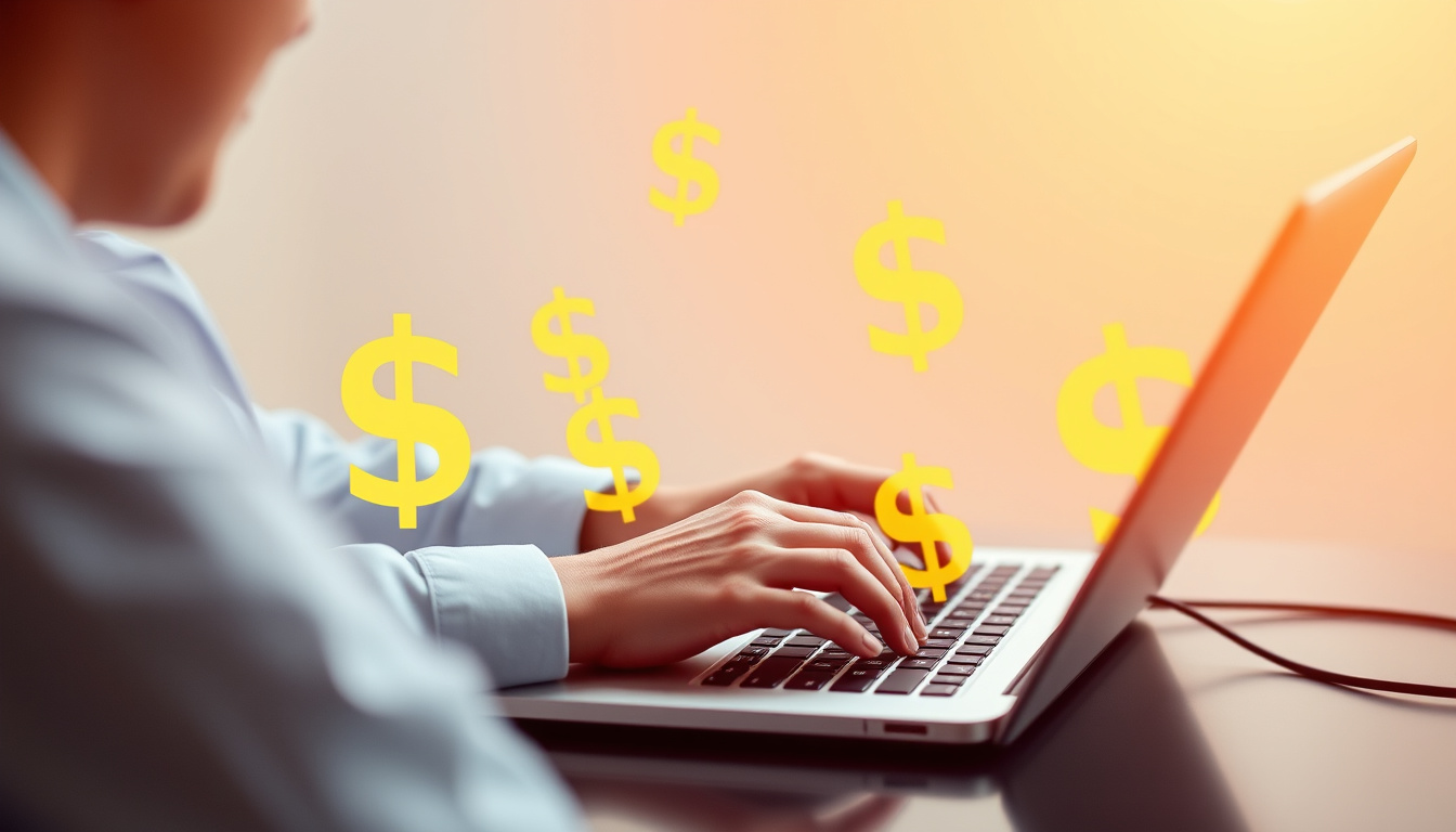  Person using laptop with dollar signs overlay —no cords in sight