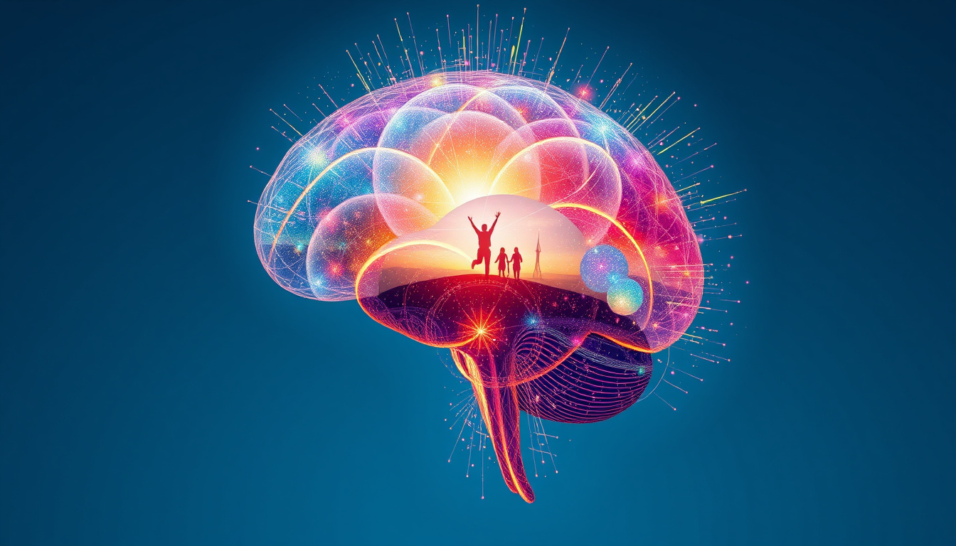  Abstract mind with luminous mantra waves transforming into bright life scenes, energetic and uplifting