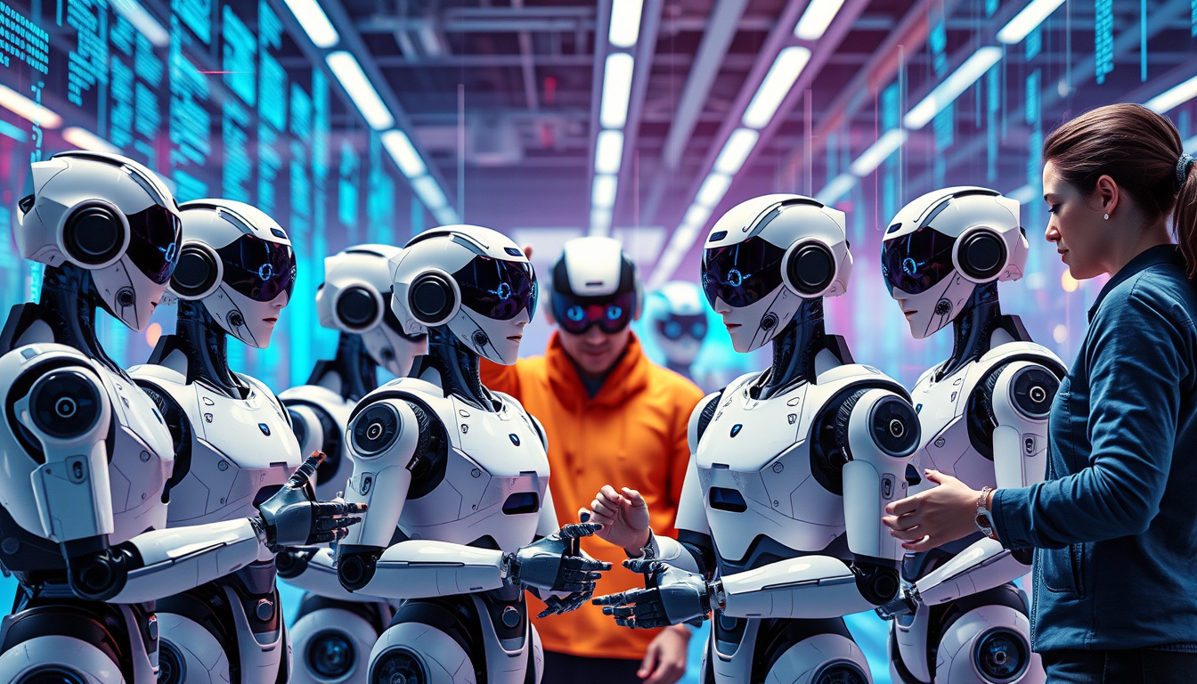  Diverse team collaborating with autonomous robots in a high-tech workspace, digital data streams flowing around